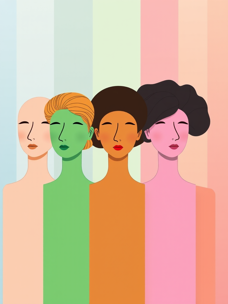 Create an illustrated image of five diverse, abstract human figures with no facial features, arranged in a line against a background with vertical color gradients of light blue, green, pink, and peach, using a digital art style; camera settings: f/5.6, ISO 100, 1/125s; camera view: wide angle; camera type: digital illustration.