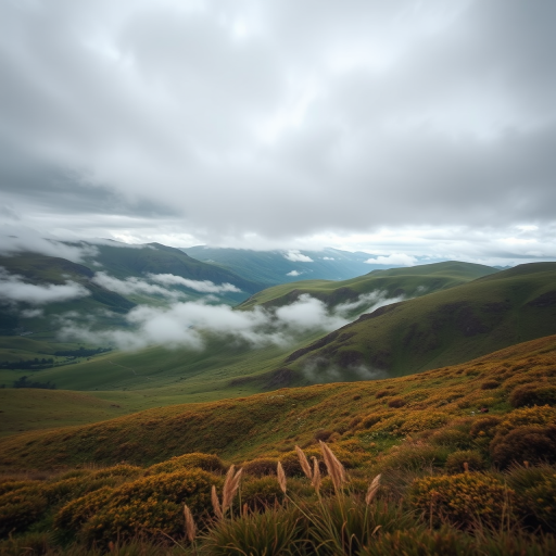 Regenerate a landscape image of misty mountains with rolling green hills under a cloudy sky, using a DSLR camera with a 24mm lens, aperture f/8, ISO 100, and a dynamic range HDR approach from a low angle view.