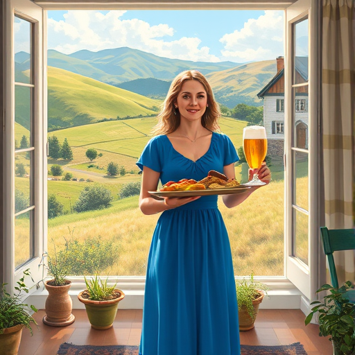 In "A Glass of Beer on the Highland," a serene scene is depicted in a sunlit room where a woman in a vibrant blue dress stands by a large window. She holds a tray with a hearty meal and a frothy glass of beer, embodying a moment of relaxation. Outside, the breathtaking highland landscape features rolling green hills and a charming traditional house, all bathed in warm afternoon light. The interior is adorned with potted plants, creating a harmonious blend of comfort and nature. The painting beautifully captures the tranquility and joy found in simple pleasures amidst stunning scenery