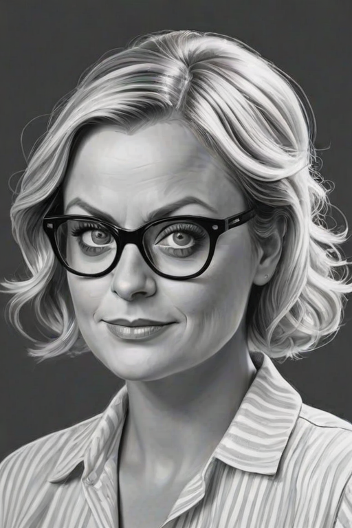 Beauteous Amy Poehler, pencil sketch, portrait of Appealing woman 1950s in glasses, hair style beatnik, outline, clear lines, fine lines, 8k