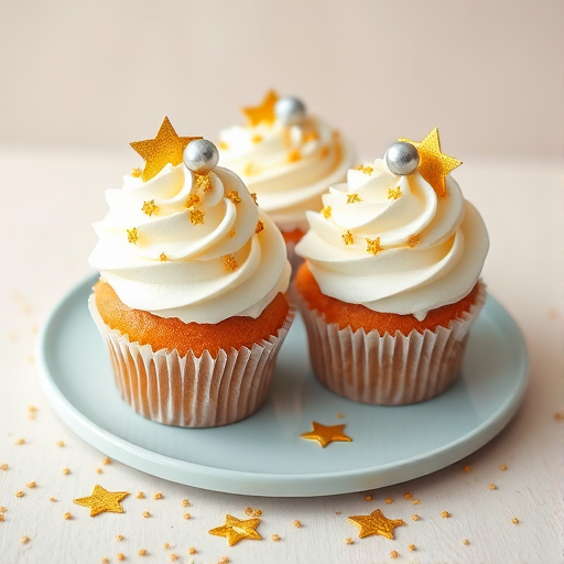 Three beautifully decorated cupcakes with swirls of white frosting topped with golden star sprinkles and silver balls on a light blue plate surrounded by scattered sprinkles. The background is soft and neutral.