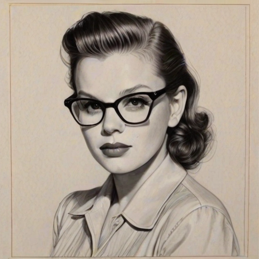 Alluring Judy Garland, pencil sketch, portrait of Charming woman 1977s in glasses, hair style beatnik, outline, clear lines, fine lines, 8k