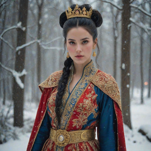 A young woman with long black hair styled in a high bun, adorned with a gold crown and intricate hair ornaments, stares intently at the viewer. She wears a vibrant red and gold embroidered robe with blue accents, a gold belt with a large ornate buckle, and a blue and gold shoulder piece. The woman is positioned in the center of the frame, with the background blurred and filled with falling snow. The image has a soft, ethereal feel with a focus on the woman's face and attire, creating a portrait-like composition. The colors are rich and saturated, with the red, gold, and blue of the clothing standing out against the muted blue and white of the snowy backdrop. The lighting is soft and diffused, casting a warm glow on the woman's face.  The overall mood is elegant and mysterious.  The details of the woman's attire, especially the intricate embroidery and embellishments, add a sense of opulence and grandeur.  The falling snow further enhances the sense of winter magic and wonder.
