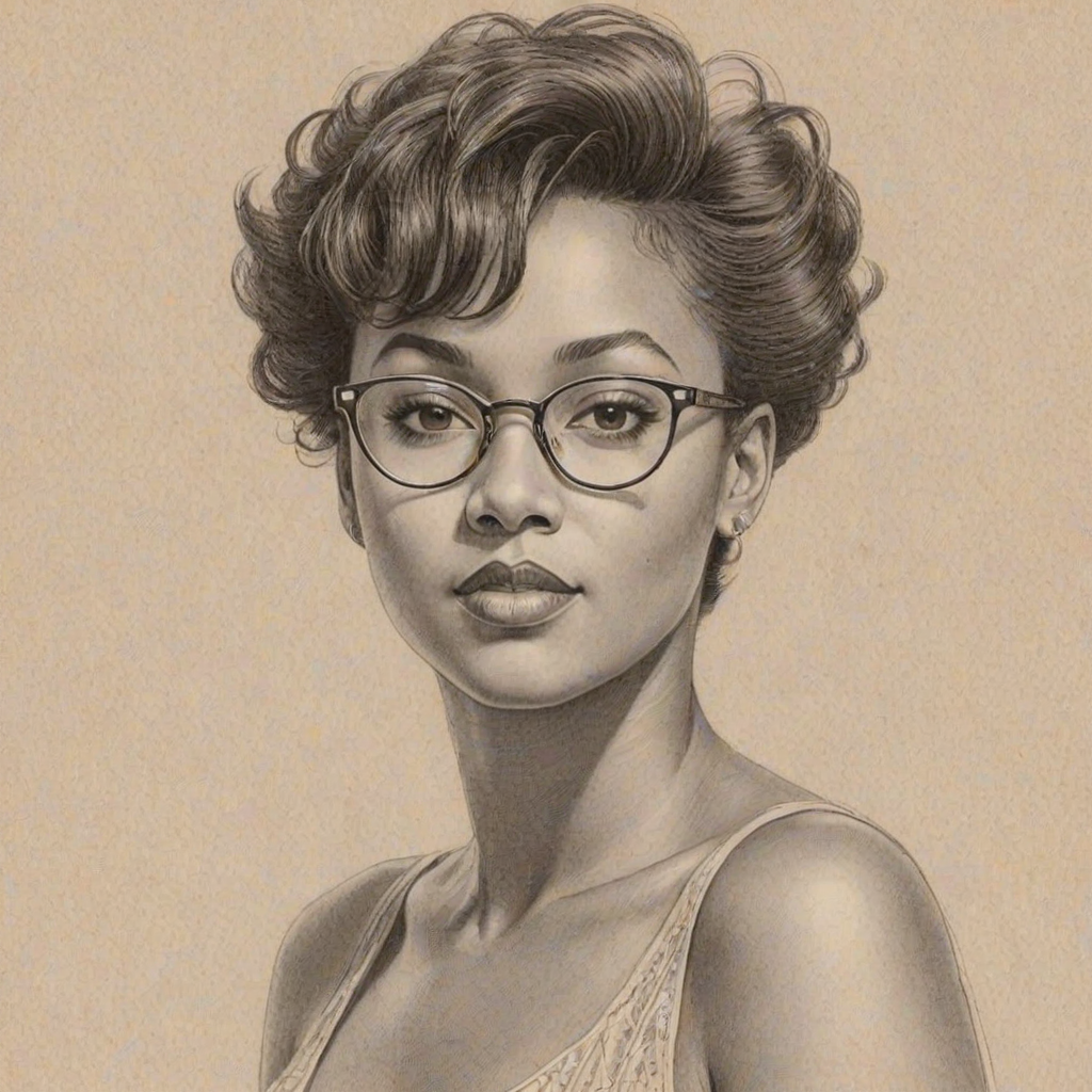 Pleasing Anita Baker, pencil sketch, portrait of Beauteous woman 1932s in glasses, hair style beatnik, outline, clear lines, fine lines, 8k
