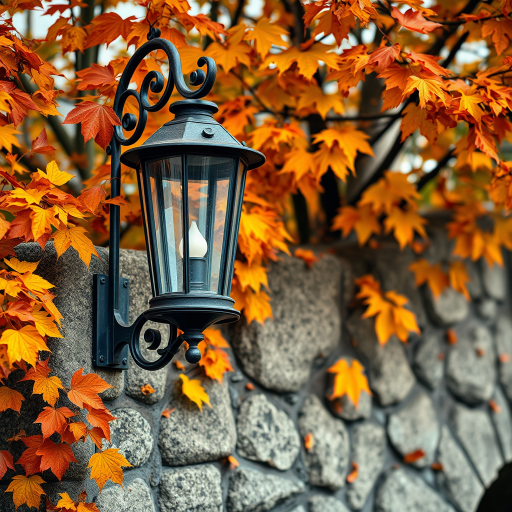 regenerate a vintage street lamp mounted on a stone wall surrounded by autumn leaves, with a shallow depth of field, using a DSLR camera, 50mm lens, f/2.8 aperture, ISO 200, and a focal length of 50mm, natural soft lighting.