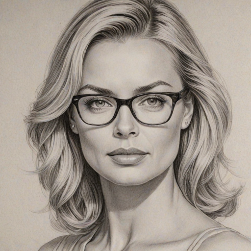 Beauteous Jaime Pressly, pencil sketch, portrait of Beauteous woman 1948s in glasses, hair style beatnik, outline, clear lines, fine lines, 8k