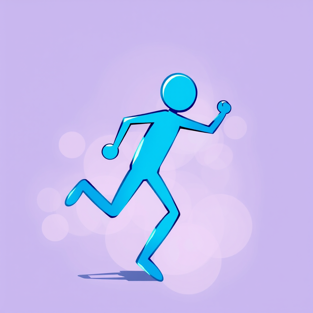 Create a vibrant and dynamic illustration of a blue stick figure in motion, using a high-resolution digital art style, with a 50mm lens, f/2.8 aperture, ISO 100, and a soft-focus background to enhance the clarity and color of the figure.