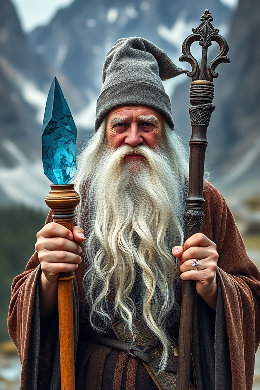 A wise old wizard with a long white beard holding a mystical staff topped with a blue crystal, standing in a dramatic mountainous landscape, captured with a DSLR camera at 50mm, f/1.8 aperture, ISO 100, natural light, and a shallow depth of field to enhance portrait details.