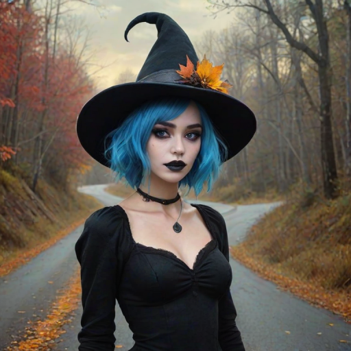 digital art fantasy depicting a strange girl with blue hair, long eyelashes, black lipstick and a tall hat walking along a winding road on an autumn afternoon, an Ape smiles as she passes