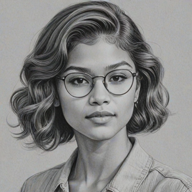 Pleasing Zendaya, pencil sketch, portrait of Charming woman 1942s in glasses, hair style beatnik, outline, clear lines, fine lines, 8k