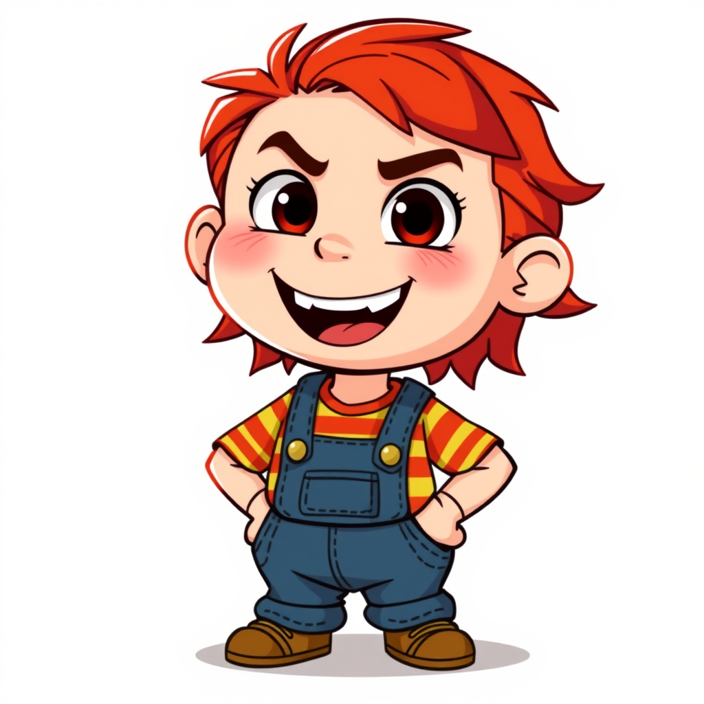 Create a vector-style illustration of a cartoon character with red hair and a mischievous smile, wearing a striped shirt and overalls, high resolution, 4K, wide-angle view, using a digital drawing tablet.