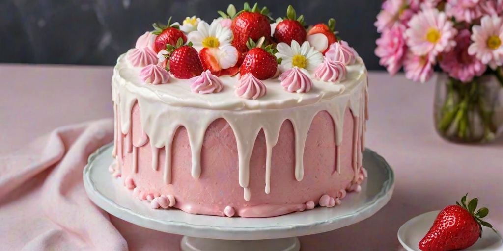 Create an image of a beautifully decorated cake with a smooth, pink frosting. The cake should have a glossy drizzle of white icing cascading down the sides. Adorn the top and sides with fresh strawberries, delicate edible flowers, and small meringue kisses for a whimsical touch. The background should be softly blurred to keep the focus on the cake.