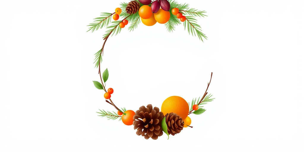 Create a digital illustration of a pinecone and citrus fruit wreath, using a high-resolution camera with a 50mm lens at f/2.8, situated at eye level, employing natural light to enhance colors and details.
