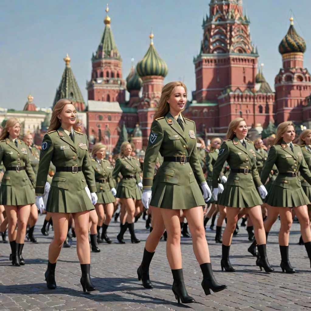 Cartoon 3D Military parade in Red Square in Moscow with military women wearing short skirts.