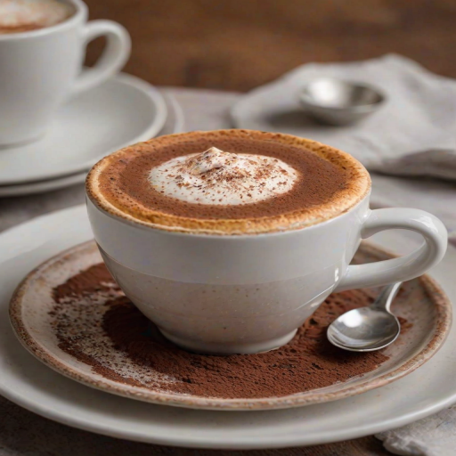 Close-up of a frothy cappuccino topped with cocoa powder, soft light reflecting off the creamy surface, with a decorative pastry resting on a small plate beside it.