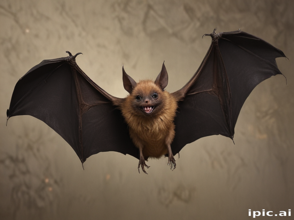 Curious Bat with Fluffy Fur and Wide Wings in Mid-Flight Pose