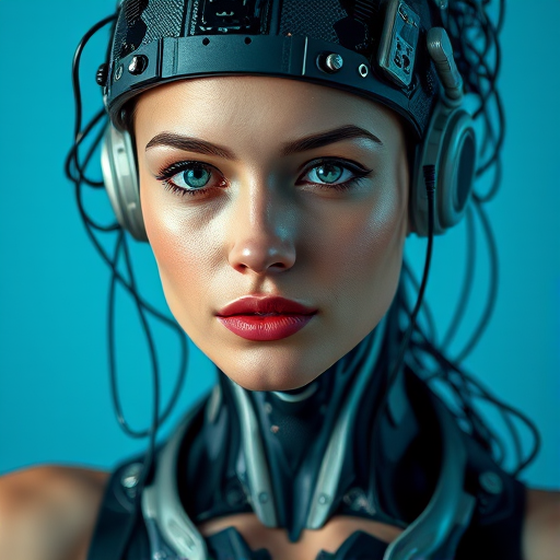 Create a highly detailed portrait of a woman with a futuristic cyborg appearance, featuring intricate wiring and circuits integrated into her head and neck, with a soft blue background, using a DSLR camera at f/2.8, ISO 100, 50mm lens, in natural lighting to enhance clarity and textures.