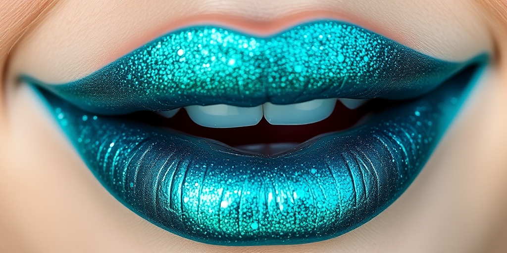 Enchanting "Mermaid Teal" lips shimmering with an aquatic blue-green hue, adorned with subtle glitter for an underwater allure