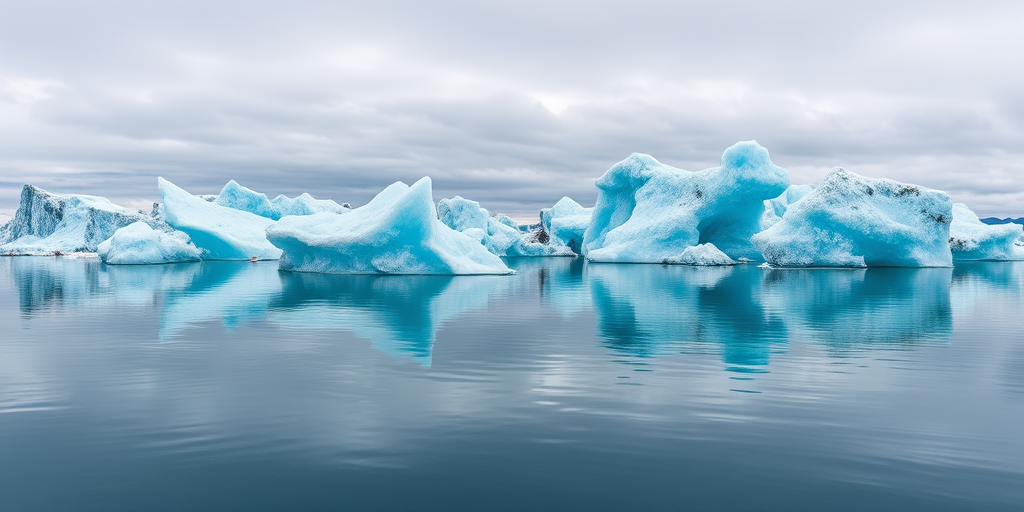 high-resolution image of blue icebergs floating in calm, reflective water with a cloudy sky, captured with a DSLR camera, 24mm lens, aperture f/8, ISO 100, shutter speed 1/125s, in landscape orientation, showcasing vibrant colors and sharp details.