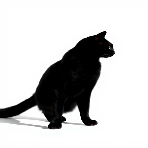 Generate a high-contrast black silhouette of a standing cat on a plain white background, using a DSLR camera with a 50mm lens at f/1.8, ISO 100, and a shutter speed of 1/200s, shot from an eye-level perspective in natural light for enhanced clarity and detail.