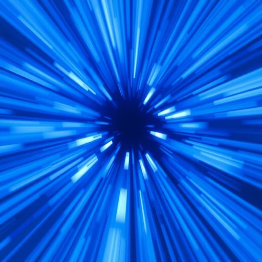 Generate an abstract image of blue light burst with radial lines, using a DSLR camera with a focal length of 50mm, aperture set to f/1.8, ISO 100, and a slight motion blur effect to enhance dynamism, shot from a central perspective.