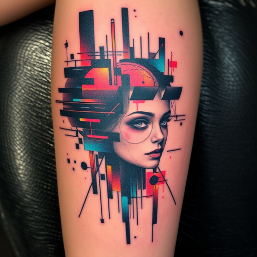 Glitch art tattoo incorporating digital distortion effects and pixelated elements, fragmented imagery and color shifts, modern technological aesthetic with a surreal twist