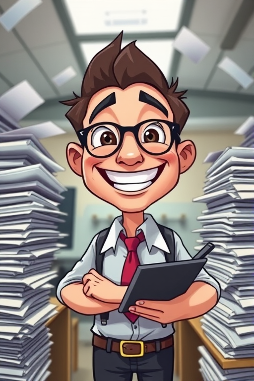 Create a stylized cartoon character of a grinning office worker surrounded by stacks of paperwork, using a Canon EOS 5D Mark IV camera, aperture f/2.8, shutter speed 1/125 sec, ISO 200, wide-angle lens for a dynamic perspective.