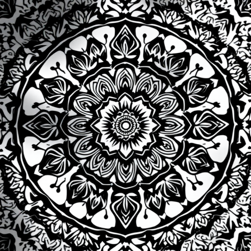 Create a high-resolution black and white mandala design featuring intricate floral patterns and geometric shapes using a Canon EOS R5 with a 50mm f/1.2 lens, aperture set to f/8, ISO 100, shot from a top-down perspective in soft natural light.
