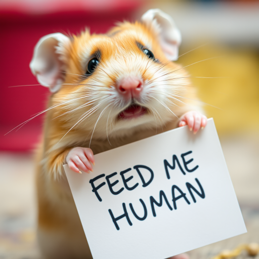 hamster holding a note which says "FEED ME HUMAN"