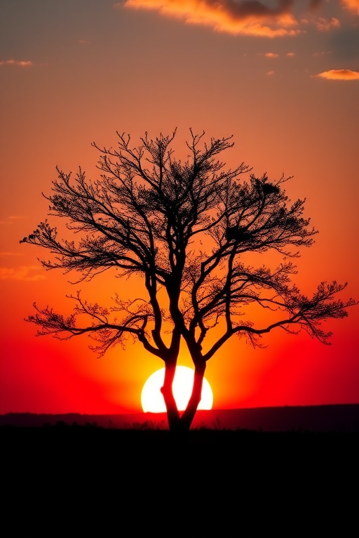 Generate a high-resolution vector image of a minimalistic tree silhouette against a vibrant sunset background, using a Canon EOS R5 with a 50mm f/1.2 lens, ISO 100, aperture f/2.8, shutter speed 1/250s for sharp details and rich colors, capturing a wide-angle view for expansive scenery.