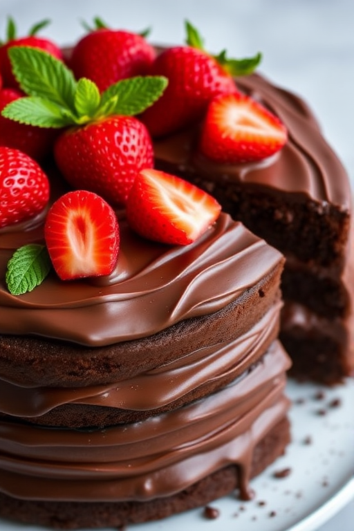 A rich chocolate cake with multiple layers showcasing a thick chocolate frosting topped with fresh strawberries and mint leaves, with a slice cut out to reveal the moist interior and chocolate filling.