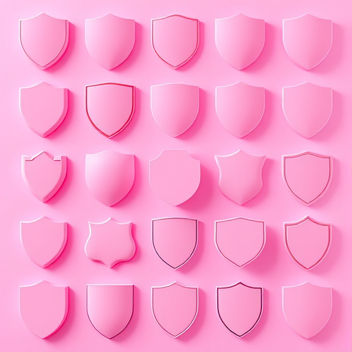 Generate an array of various shield shapes in a symmetrical grid format, with a vibrant pink color and smooth edges, using a high-resolution camera with f/2.8 aperture, ISO 100, 50mm lens, top-down view, minimalistic style, and natural lighting for enhanced clarity and contrast.