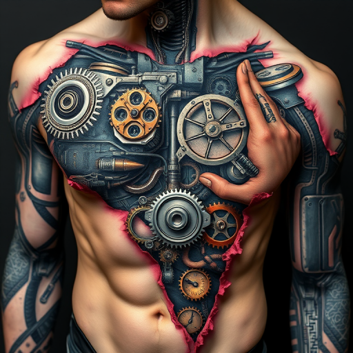 Hyper-realistic 3D biomechanical tattoo titled "Cybernetic Fusion" depicting exposed metallic gears pistons and circuitry seamlessly integrated with human anatomy revealing a complex inner workings of a cyborg beneath torn flesh with incredible attention to detail in shading and highlights creating a stunning illusion of depth and dimensionality on the skin
