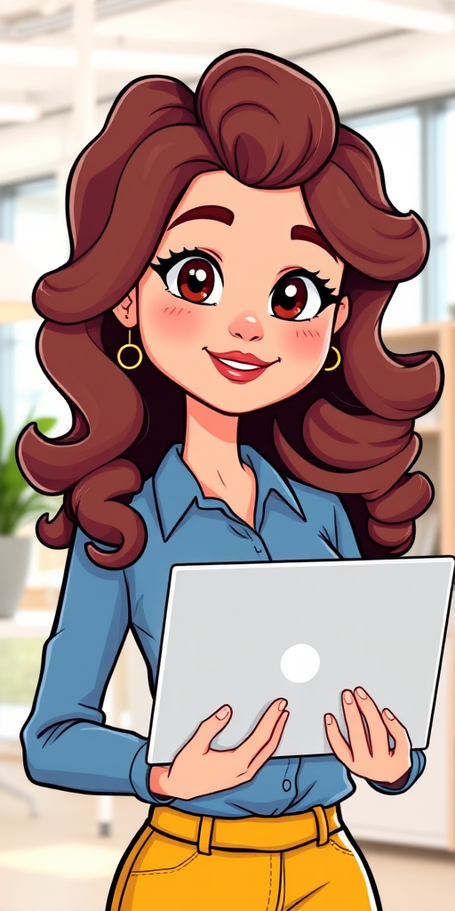 Create a vibrant cartoon character illustration of a woman with curly brown hair holding a laptop, in a bright and cheerful office setting, using a Canon EOS R5 camera with a 50mm lens, aperture f/1.8 for a shallow depth of field, ISO 100, and a slightly elevated angle to capture the character's expression and details.