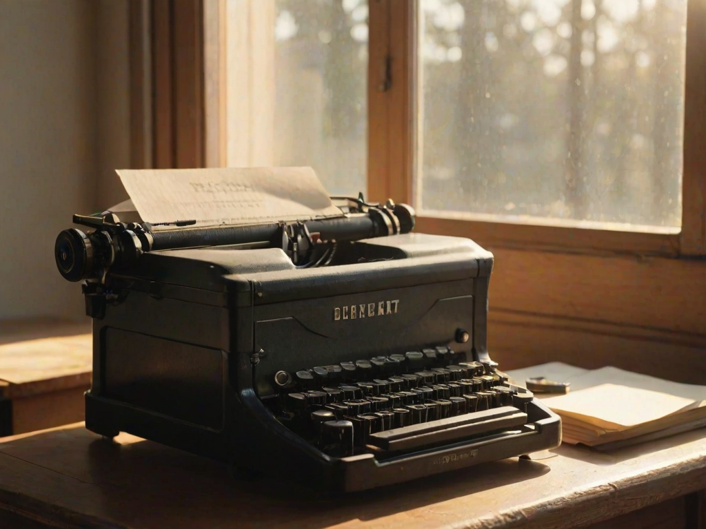 Sharp, detailed image of a vintage typewriter on a wooden desk, soft sunlight streaming through the window, a half-written letter resting in the machine, the smell of ink and old paper lingering in the air, and a sense of nostalgia.