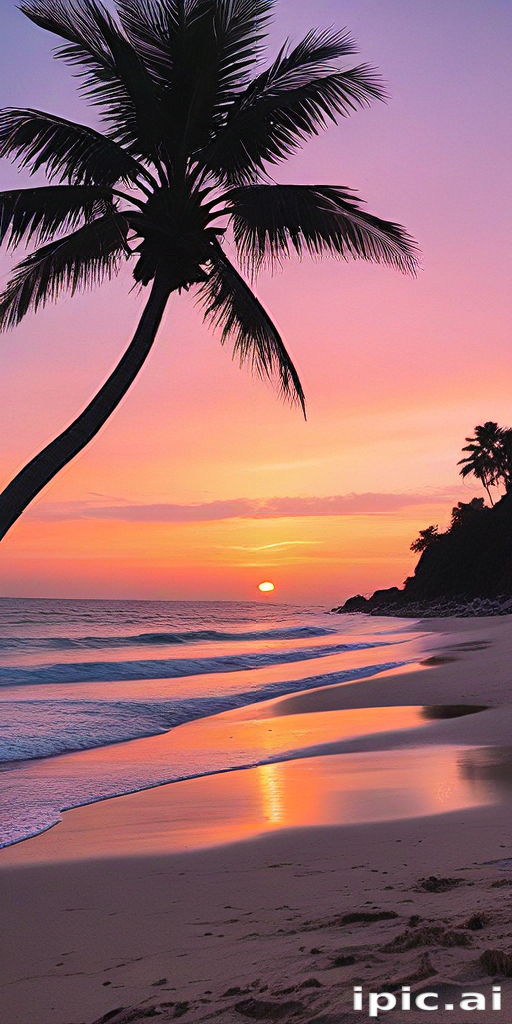 Serene Sunset Over Tranquil Beach with Palm Trees and Gentle Waves