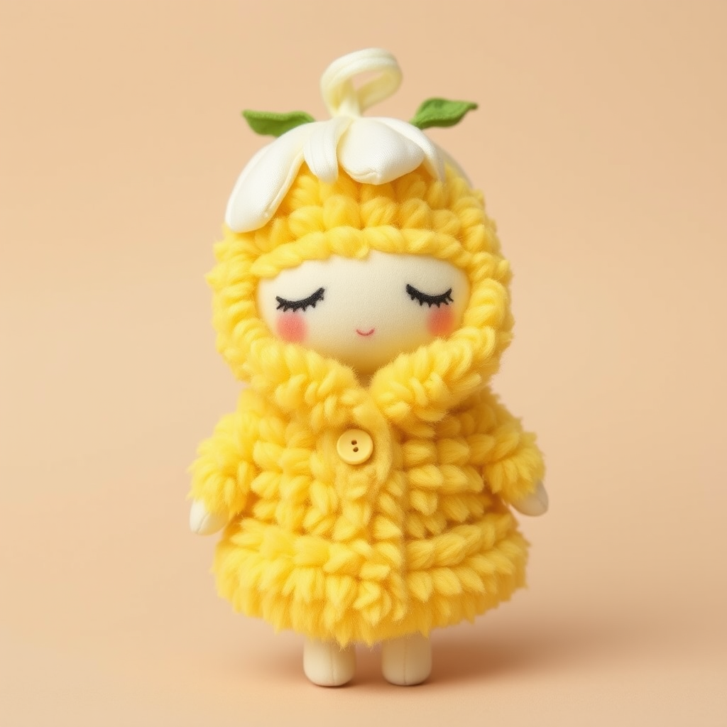 A cute doll resembling a *cereal*, dressed in a fluffy yellow coat that mimics the texture of corn kernels. The doll has soft, closed eyes and light blonde hair, adorned with green leaves and a yellow button at the collar. The background is a soft beige to complement the colors of the doll, and the overall style is whimsical and pastel, emphasizing a cozy, huggable appearance.