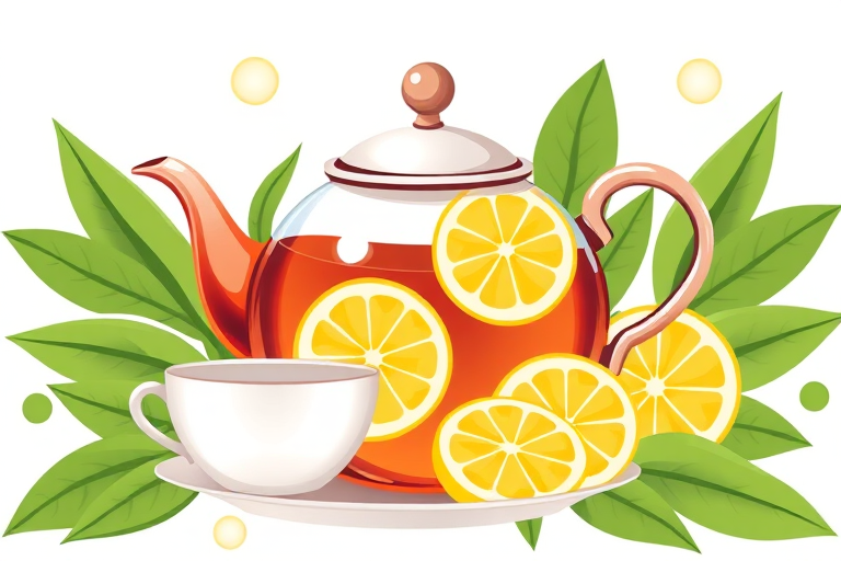 Generate an illustration of a teapot with slices of lemon and a cup, surrounded by green leaves and circular patterns, using a vector art style, with bright colors, high resolution, and a focus on smooth shapes and clean lines, captured with a digital camera, wide-angle lens, f/2.8 aperture, and soft diffused lighting.