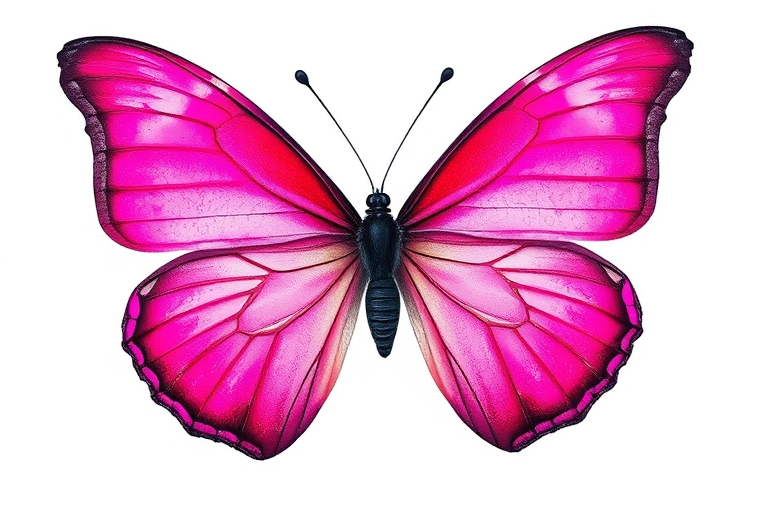 Create an image of a butterfly with vibrant pink wings, featuring a gradient effect that transitions from a deep pink to a lighter shade. The wings should have intricate patterns and a glossy appearance, with a black body and delicate antennae, set against a plain white background.