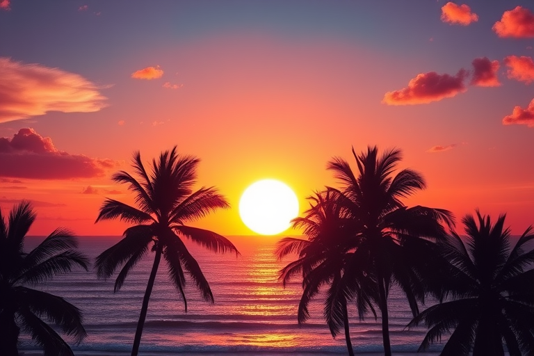 Generate a vibrant sunset over the ocean with a large sun and silhouetted palm trees framing the scene, using a DSLR camera with a 35mm lens, aperture set to f/8, ISO 100, 1/250s shutter speed, shot from a low angle to highlight the palm trees against the colorful sky, in a painterly style.