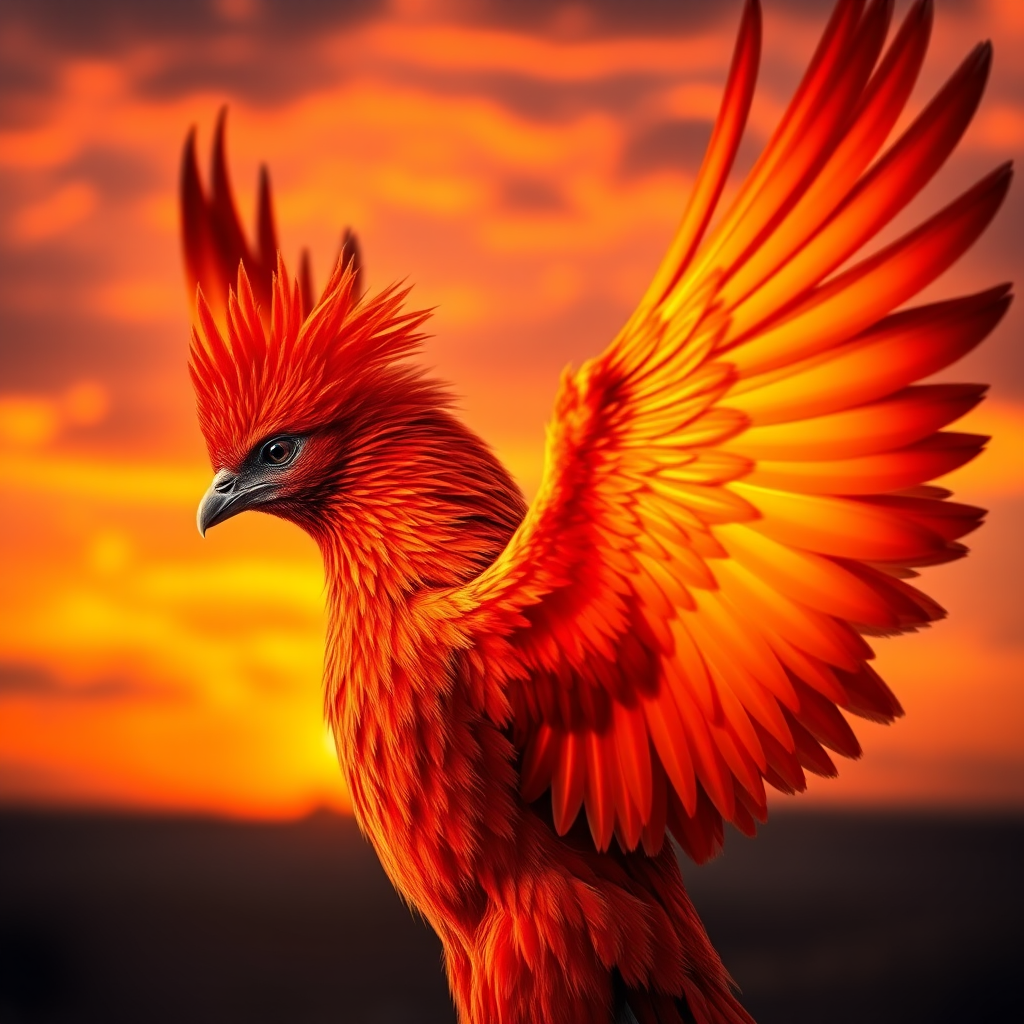 Create a vibrant image of a phoenix rising with fiery red and orange feathers against a dramatic sunset sky, focus on vivid colors and dynamic movement, using a DSLR camera with a 50mm lens, aperture set to f/1.8, shutter speed of 1/250 sec, and ISO 200, capturing a close-up view with soft bokeh in the background for enhanced depth and clarity.