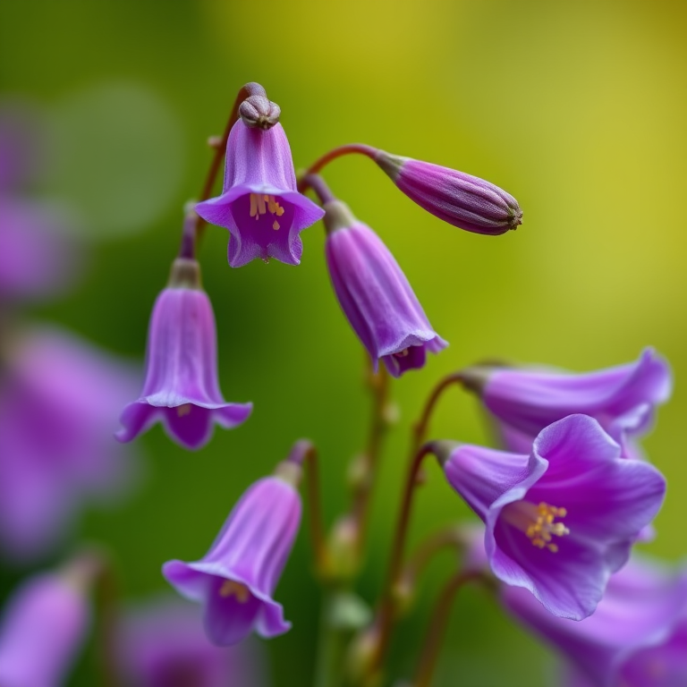 macro shot of purple bell flowers with a softly blurred green background, aperture f/2.8, shutter speed 1/200s, ISO 100, focus on flower details, taken with a DSLR camera using a 100mm macro lens