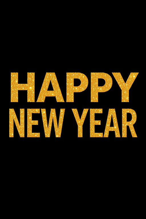 Create an image featuring the text "HAPPY NEW YEAR" in bold, glittery gold font against a black background, using a DSLR camera with a shallow depth of field, aperture set to f/2.8, ISO 100, and a 50mm lens for sharp detail and enhanced quality.