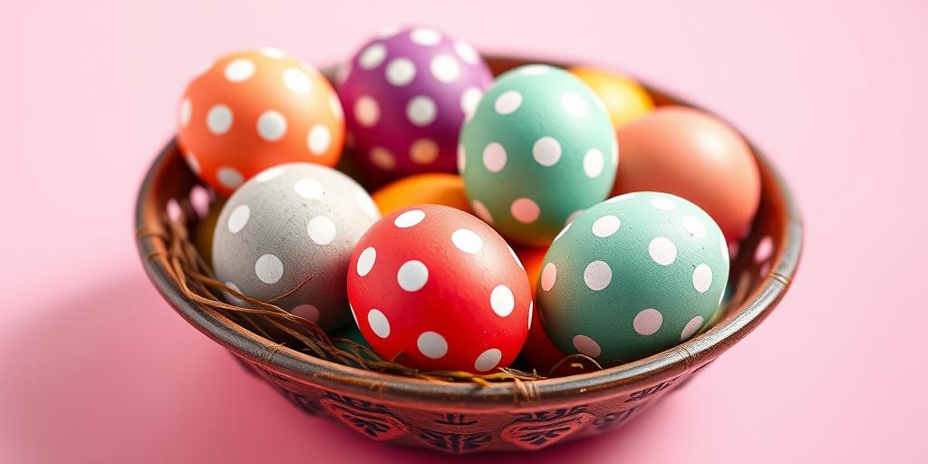 a bowl of colorful Easter eggs with polka dots arranged on a pastel pink background, soft natural lighting, shallow depth of field, 50mm lens, f/2.8 aperture, ISO 100, DSLR camera, vibrant colors and high contrast