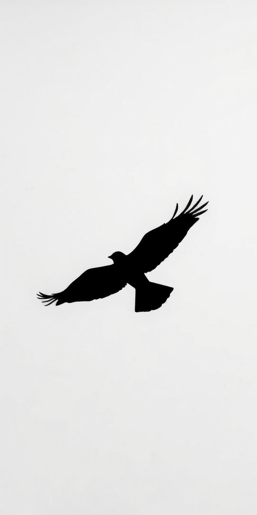 Create a high-resolution image of a stylized bird in flight, using a DSLR camera at f/8 aperture, ISO 100, 35mm lens, top-down view, and employ a minimalist art style to emphasize the silhouette.