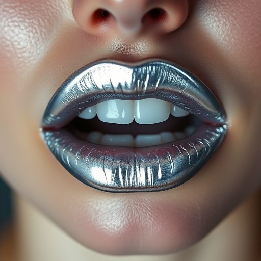 Edgy metallic silver lips reflect light dramatically, creating a futuristic and avant-garde look that pushes the boundaries of traditional beauty