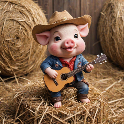 A chibi pig, dressed as a cowboy, playing guitar, sitting on a hay bale