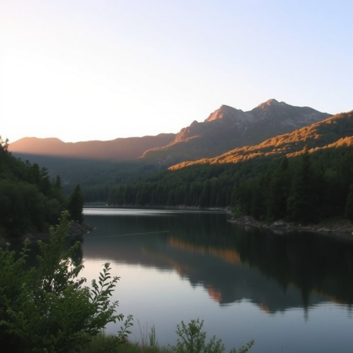 Create an image of a serene landscape, featuring a calm lake surrounded by lush greenery and mountains in the background, captured using a DSLR camera with a 50mm lens, aperture set to f/8, ISO 100, photograph taken during golden hour for enhanced lighting.