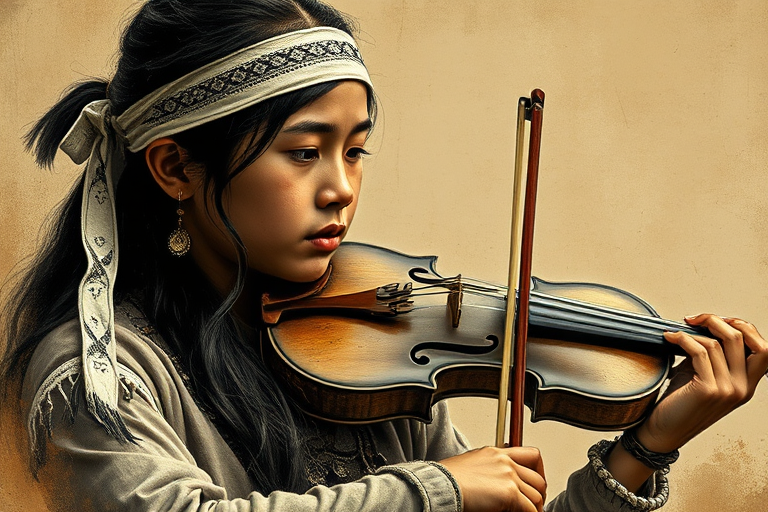 a young First Nations woman with a white headband playing a violin, in the style of a charcoal drawing, sepia grunge background
