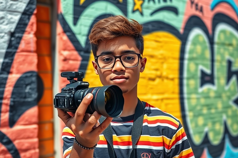 Capture a vibrant urban mural featuring a young individual with glasses, wearing a colorful striped shirt, digital camera, f/5.6 aperture, ISO 200, 24mm lens, taken from a slightly angled view to enhance depth and texture in bright daylight.